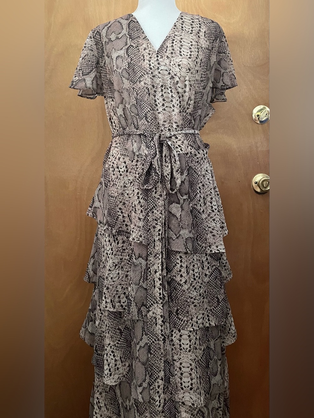 Snake Print Tiered Wrap Maxi Dress. Chiffon. Lined. Plus Size 2X